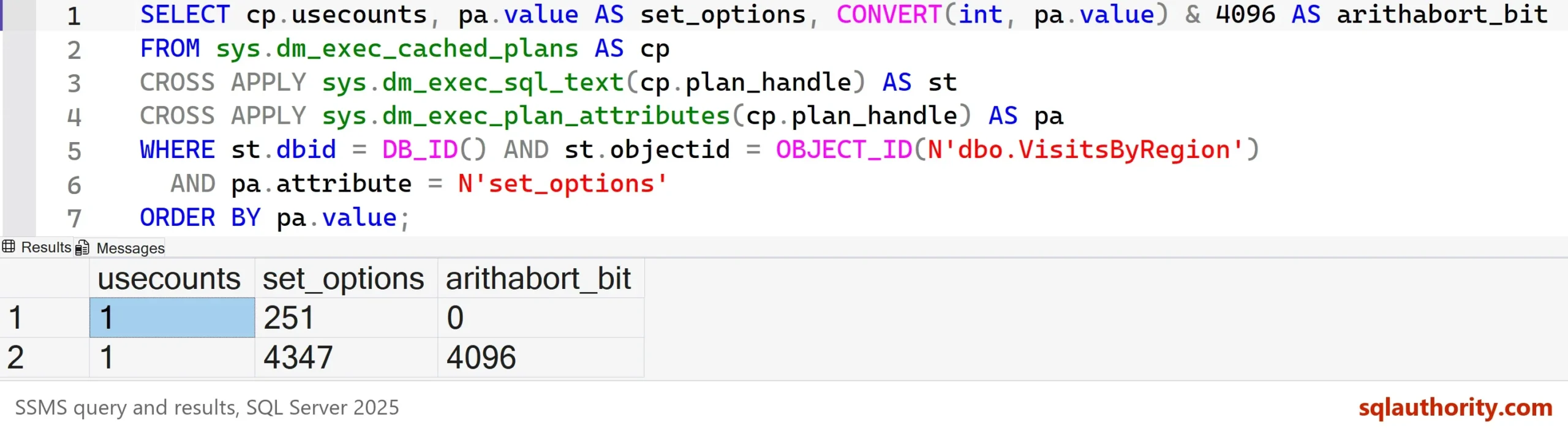 SSMS window with the plan cache query on lines 1 to 7 and a result grid of two rows: usecounts 1, set_options 251, arithabort_bit 0, and usecounts 1, set_options 4347, arithabort_bit 4096