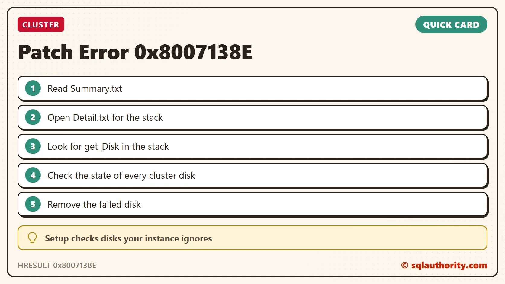 Quick reference card: HRESULT 0x8007138E during a patch on a cluster