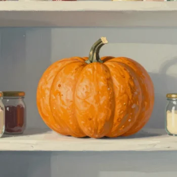 Gouache painting of a giant vermilion pumpkin squeezed onto a small pantry shelf among little jars