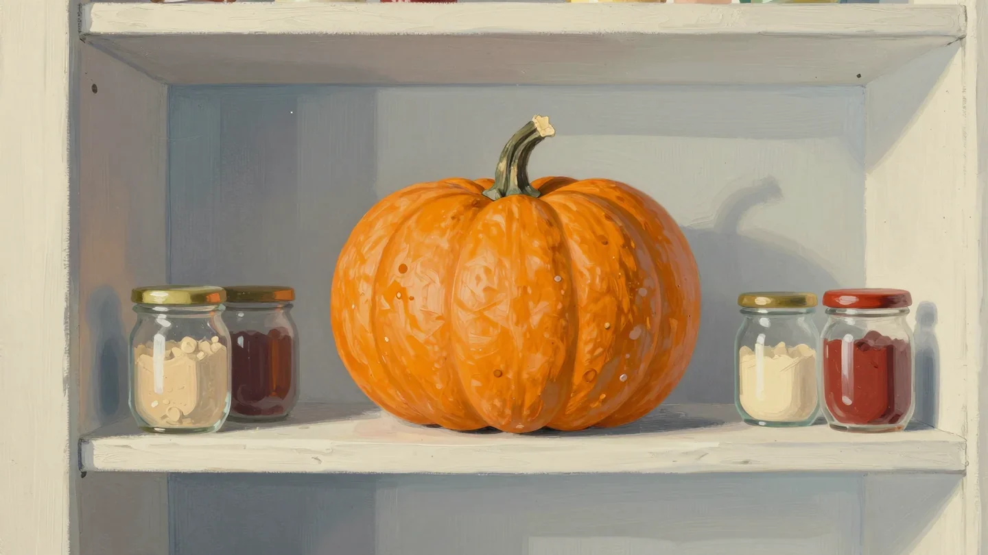 Gouache painting of a giant vermilion pumpkin squeezed onto a small pantry shelf among little jars
