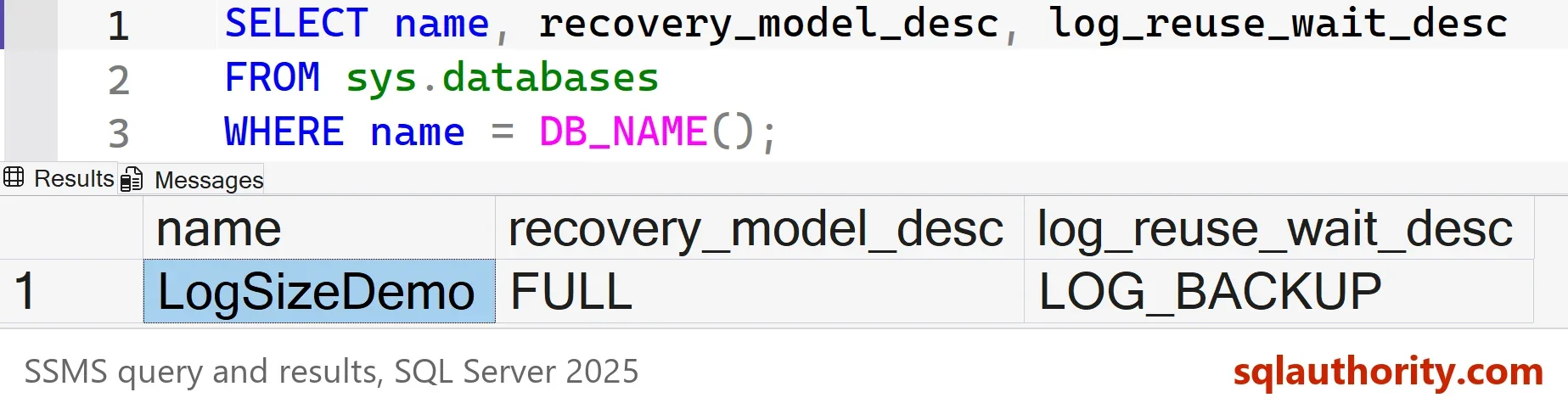 SSMS window with the three line query on sys.databases and a result grid showing LogSizeDemo with recovery_model_desc FULL and log_reuse_wait_desc LOG_BACKUP
