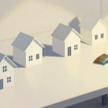 Gouache painting of white card model houses on a drafting table with a vermilion waste bin nearby