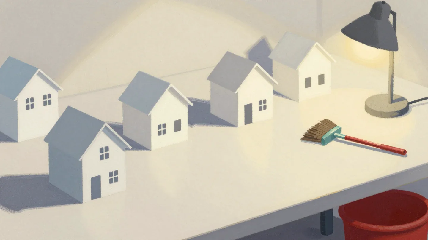 Gouache painting of white card model houses on a drafting table with a vermilion waste bin nearby
