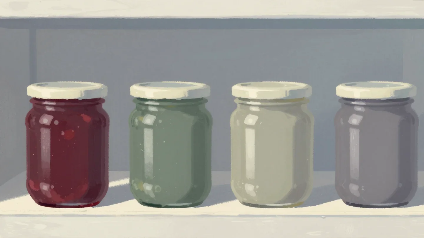 Gouache painting of four identical jars of preserves on a shelf, one filled with vermilion jam