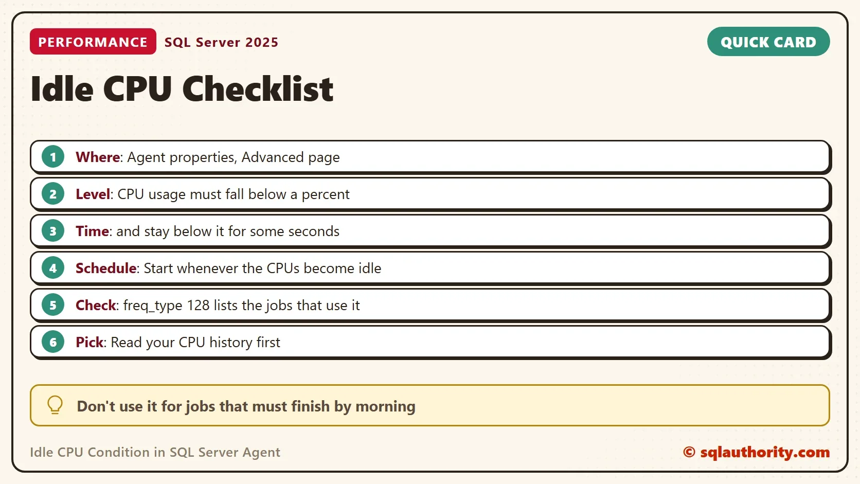 Quick card titled Idle CPU Checklist: Where: Agent properties, Advanced page. Level: CPU usage must fall below a percent. Time: and stay below it for some seconds. Schedule: Start whenever the CPUs become idle. Check: freq_type 128 lists the jobs that use it. Pick: Read your CPU history first. Don't use it for jobs that must finish by morning.