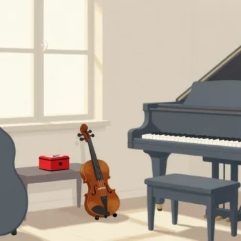 Gouache painting of a still music room with a small vermilion music box beginning to turn on the bench