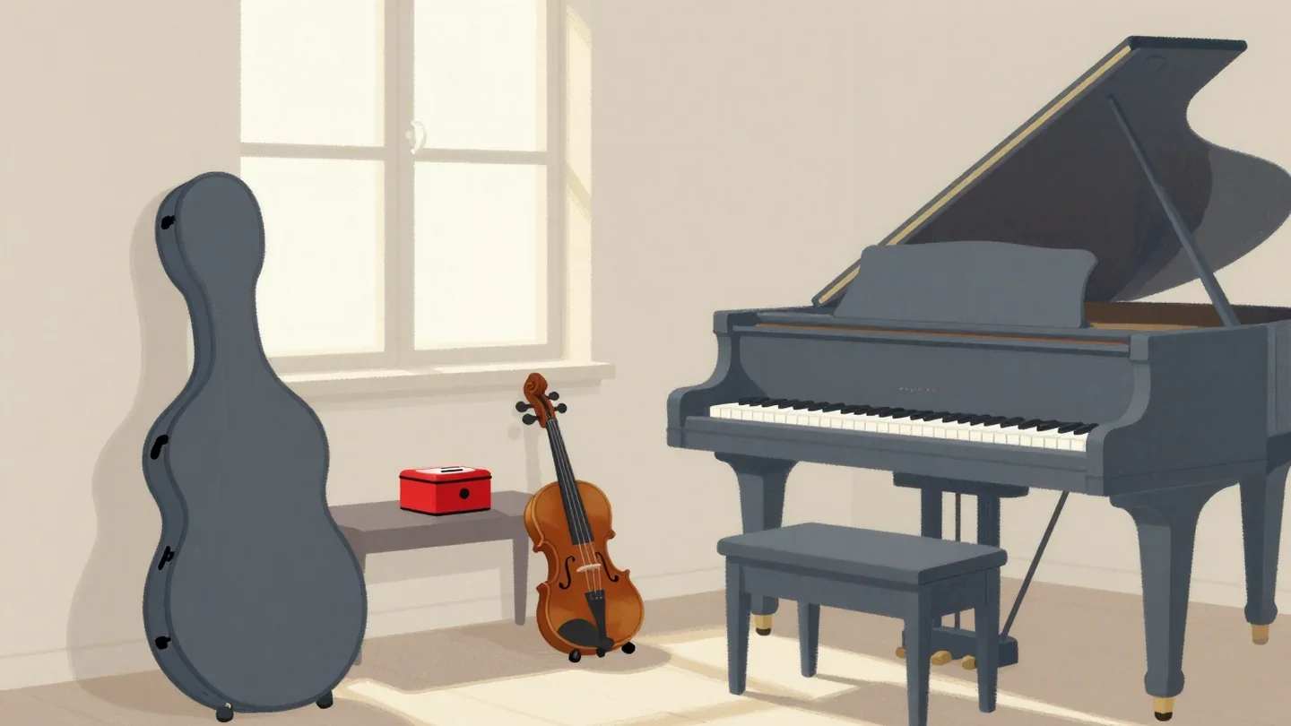 Gouache painting of a still music room with a small vermilion music box beginning to turn on the bench