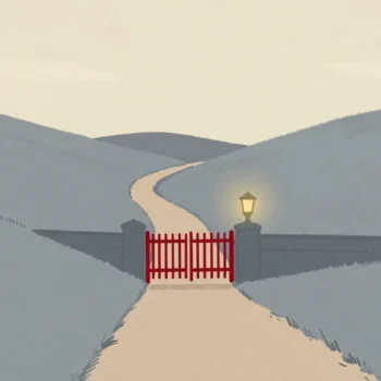 Gouache painting of a short straight path and a long winding path leading to the same vermilion gate