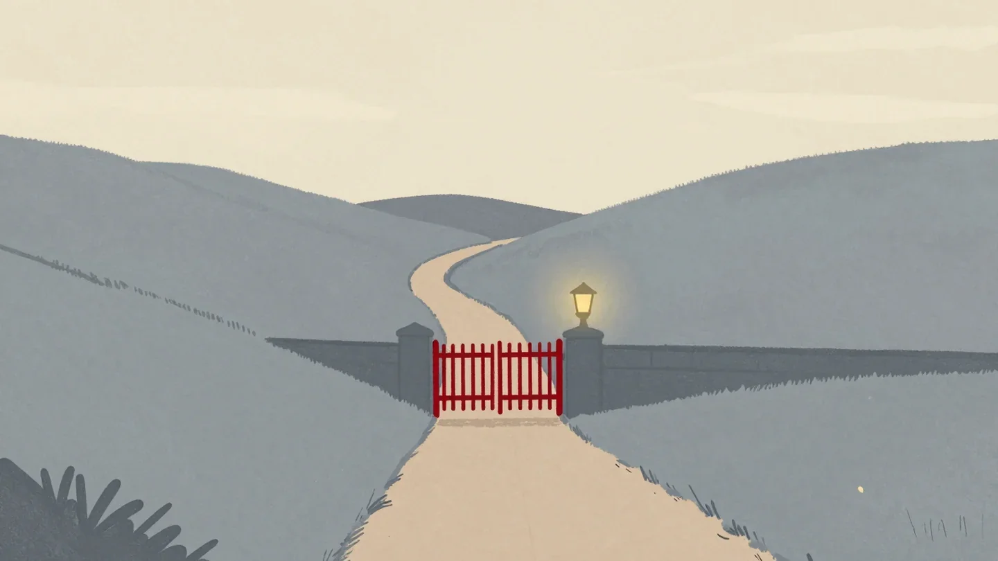 Gouache painting of a short straight path and a long winding path leading to the same vermilion gate