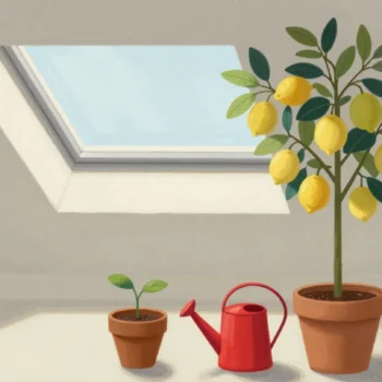 Gouache painting of a seedling in a small pot beside a tall grown tree with a vermilion watering can between them