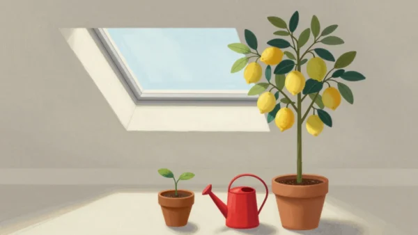 Gouache painting of a seedling in a small pot beside a tall grown tree with a vermilion watering can between them