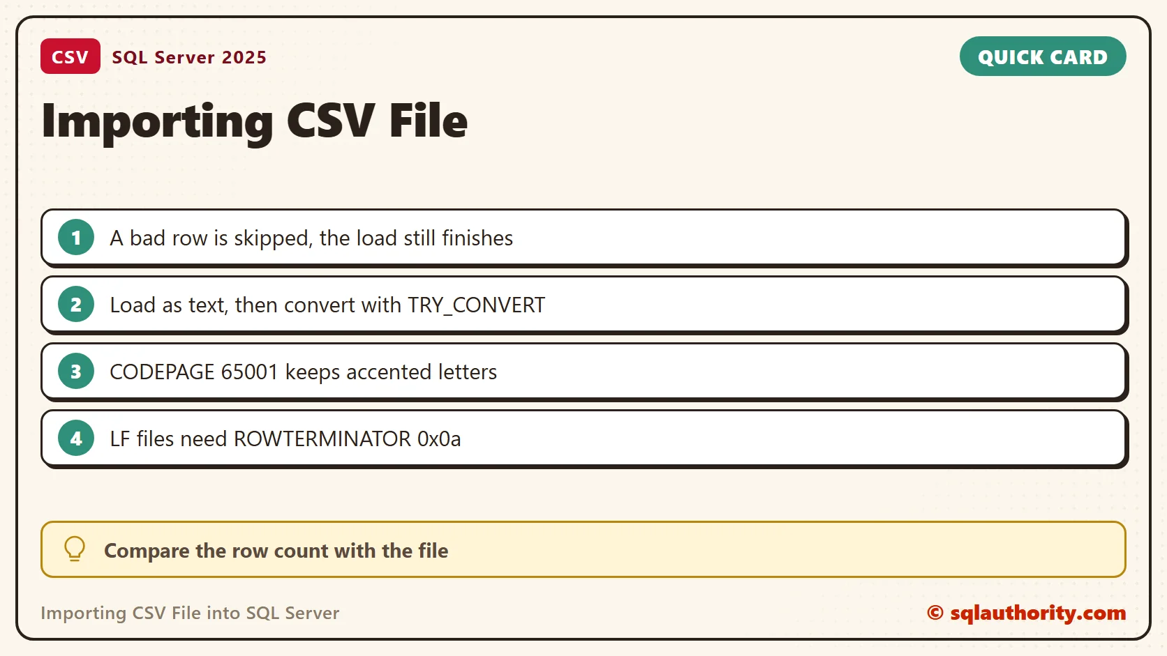 Quick reference card: Importing CSV File into SQL Server: SQL in Sixty Seconds #018