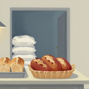 Gouache painting of a red basket of fresh bread on a bakery counter with flour sacks far away in the storeroom