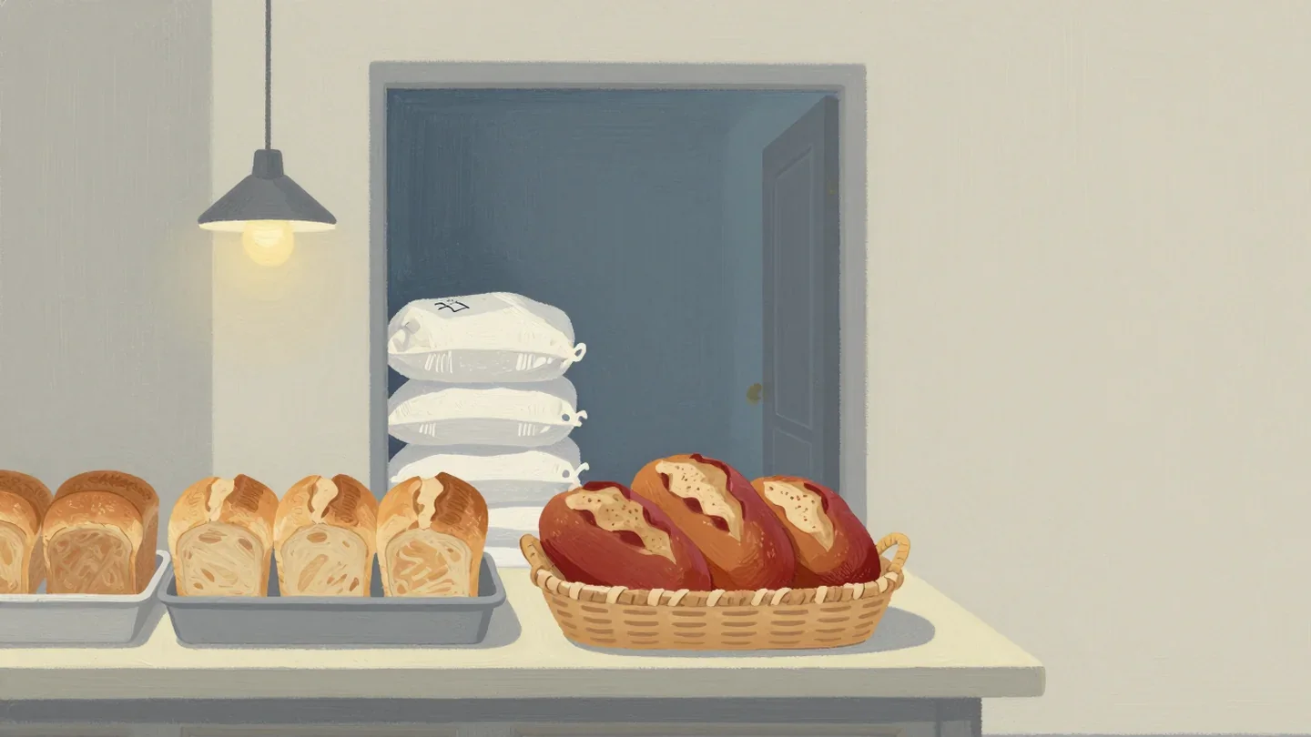 Gouache painting of a red basket of fresh bread on a bakery counter with flour sacks far away in the storeroom