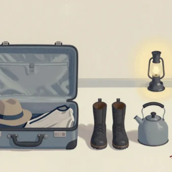 Gouache painting of an open trunk beside a hat, boots, a kettle and a vermilion scarf laid out in a row