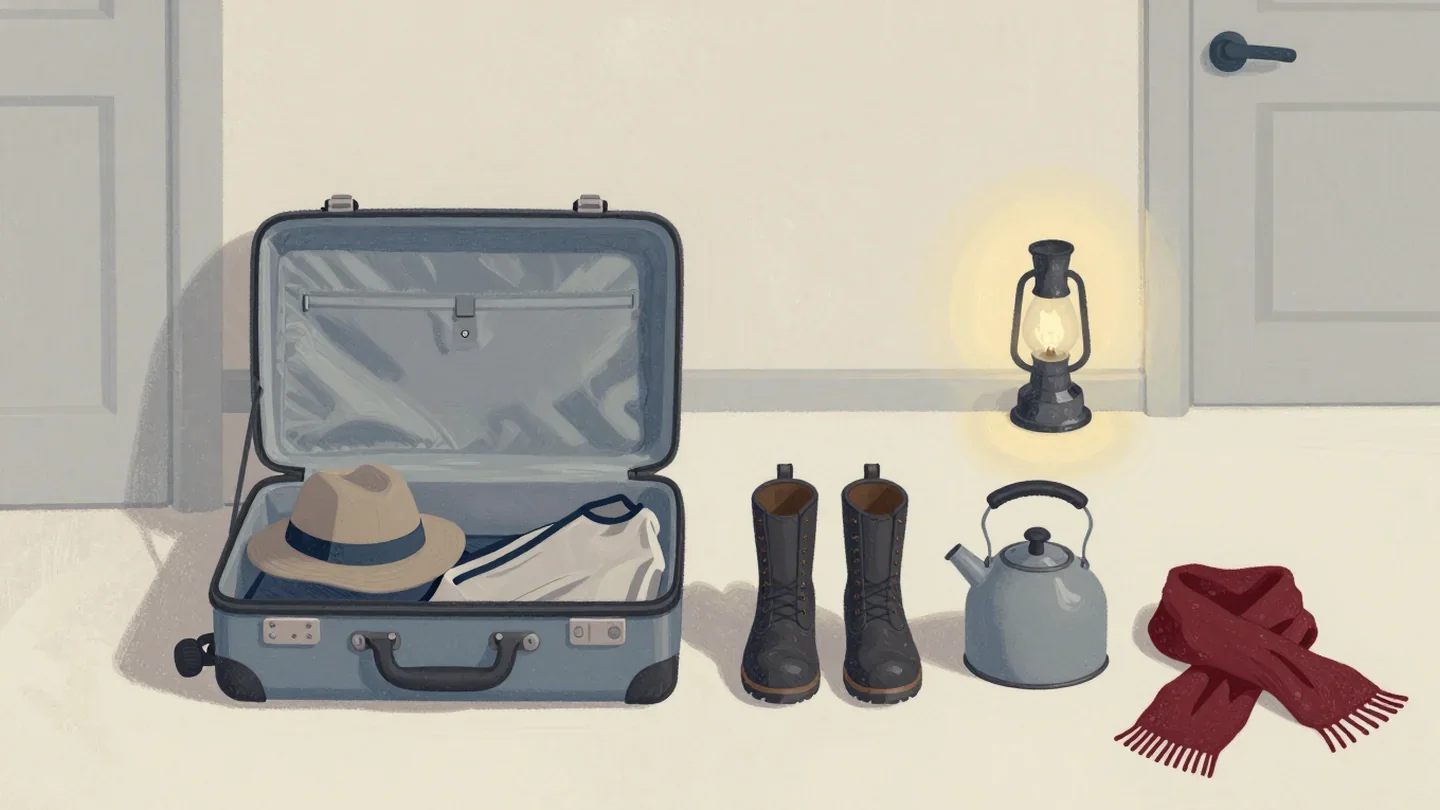 Gouache painting of an open trunk beside a hat, boots, a kettle and a vermilion scarf laid out in a row