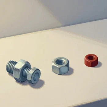 Gouache painting of a square bolt beside a round nut that does not fit, with the round nut painted red