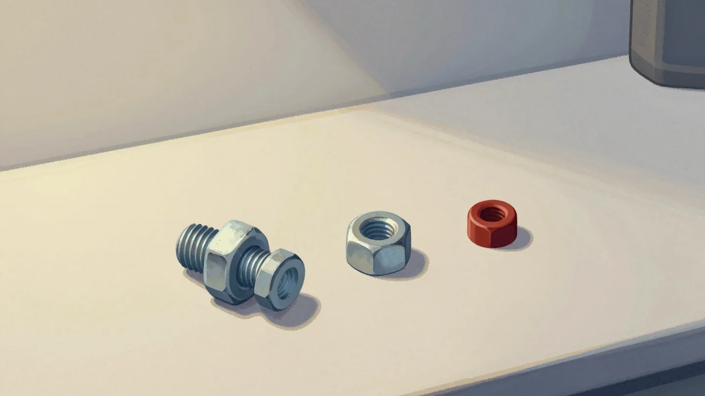 Gouache painting of a square bolt beside a round nut that does not fit, with the round nut painted red
