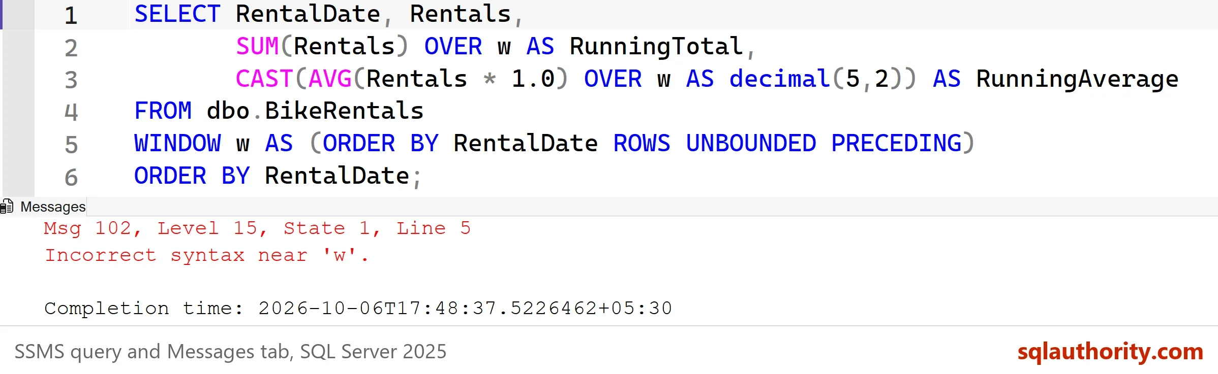 SSMS Messages tab showing Msg 102, Level 15, State 1, Line 5, Incorrect syntax near 'w'