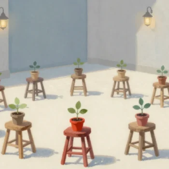 Gouache painting of a sunny courtyard with wooden stools holding saplings, the front stool vermilion