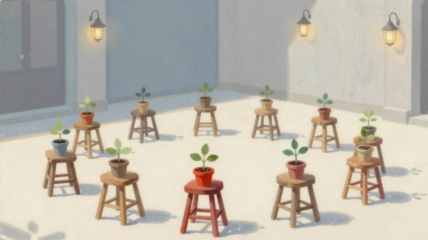 Gouache painting of a sunny courtyard with wooden stools holding saplings, the front stool vermilion