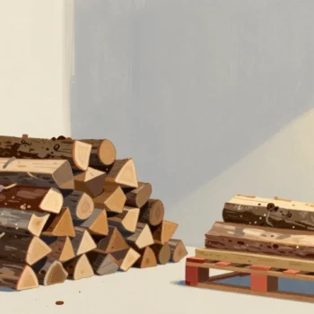 Gouache painting of a heaped woodpile beside a neat stack of logs on a vermilion pallet