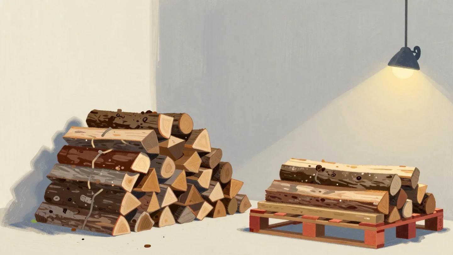 Gouache painting of a heaped woodpile beside a neat stack of logs on a vermilion pallet