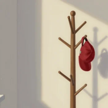 Gouache painting of a wooden coat rack with a single vermilion cap hanging on one peg