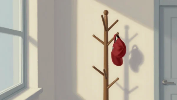 Gouache painting of a wooden coat rack with a single vermilion cap hanging on one peg