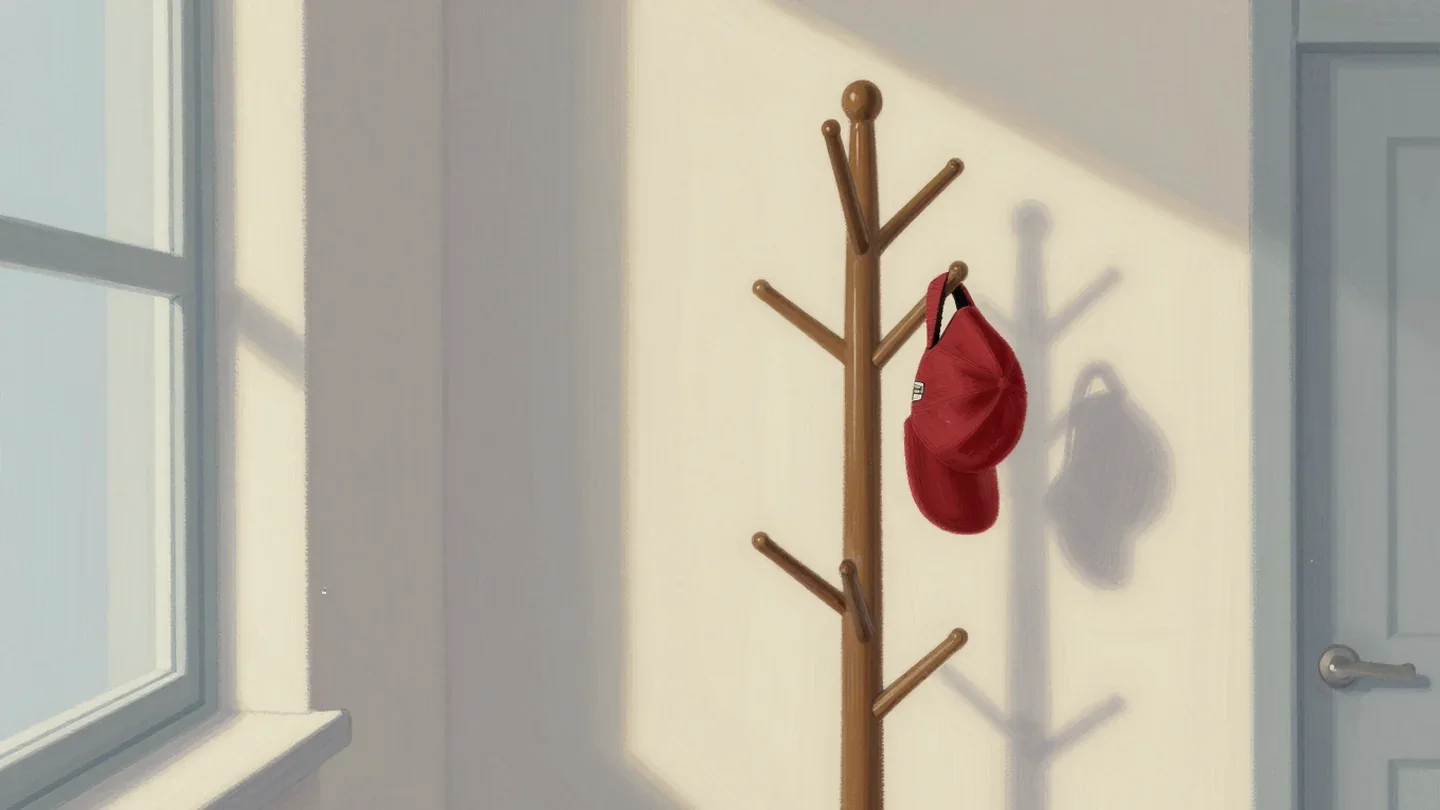 Gouache painting of a wooden coat rack with a single vermilion cap hanging on one peg