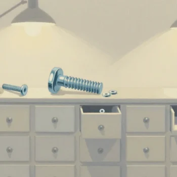 Gouache painting of a cabinet of drawers each holding a bolt and washers, one bolt in vermilion