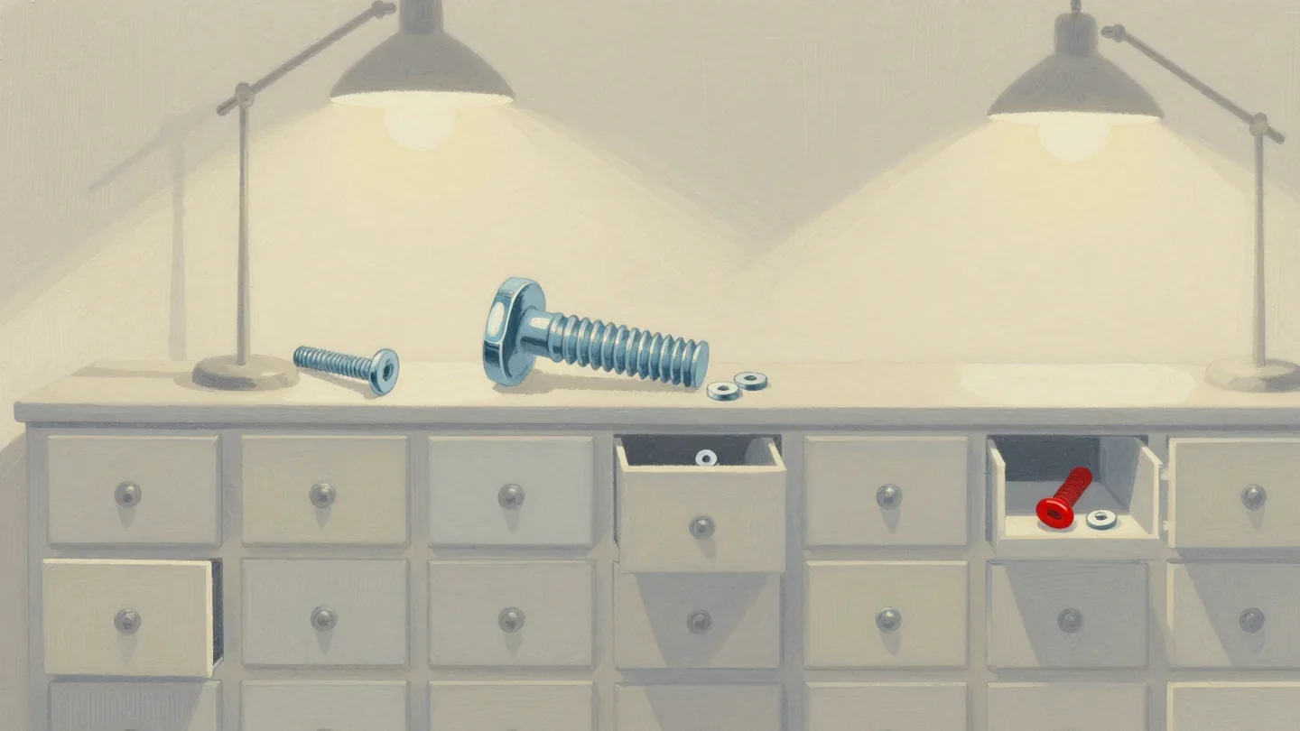 Gouache painting of a cabinet of drawers each holding a bolt and washers, one bolt in vermilion