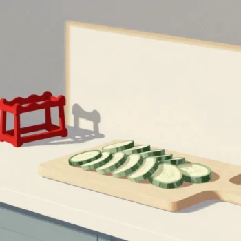 Gouache painting of a vermilion spice rack crowding a kitchen counter beside a cutting board of sliced vegetables