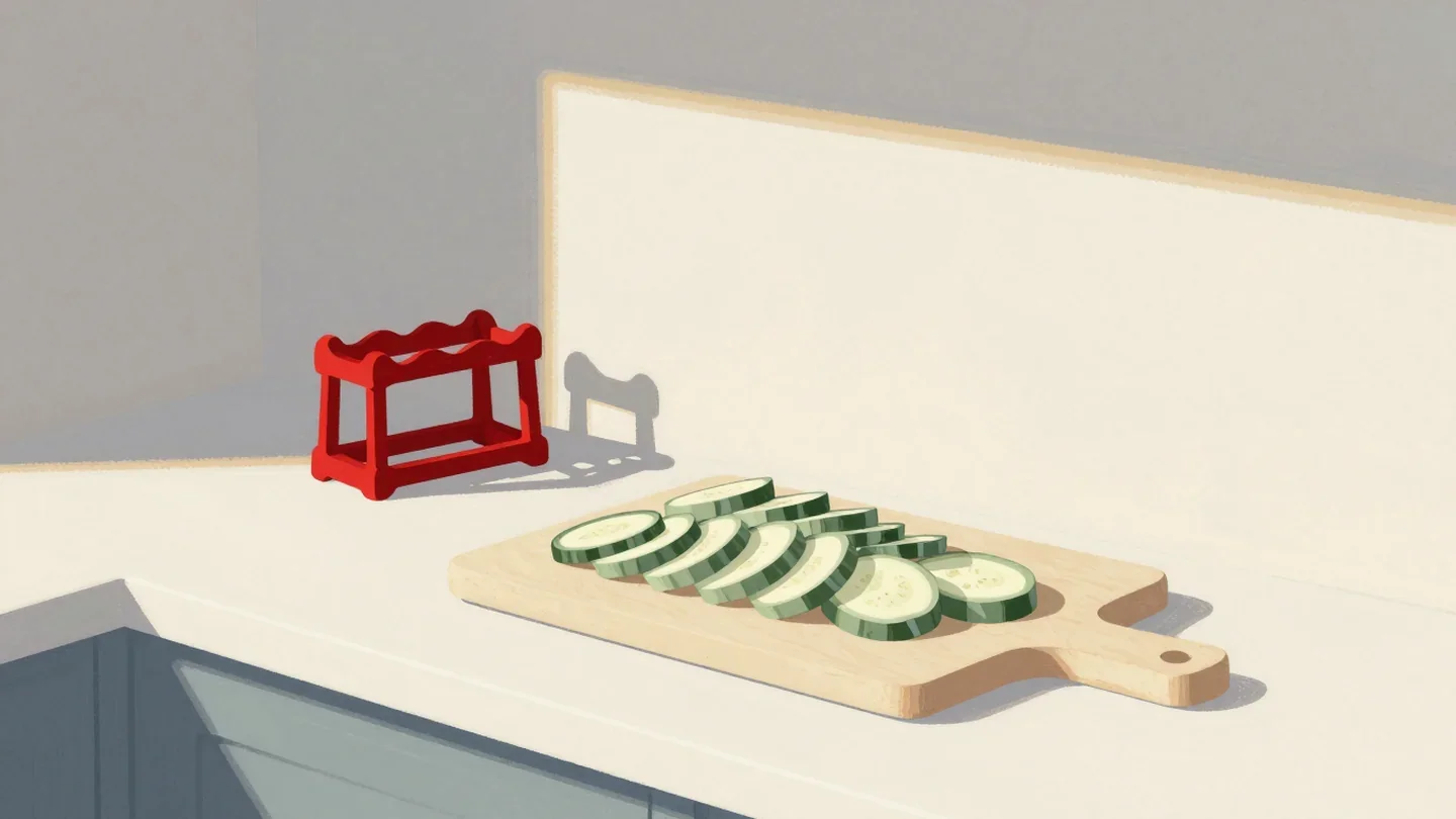 Gouache painting of a vermilion spice rack crowding a kitchen counter beside a cutting board of sliced vegetables
