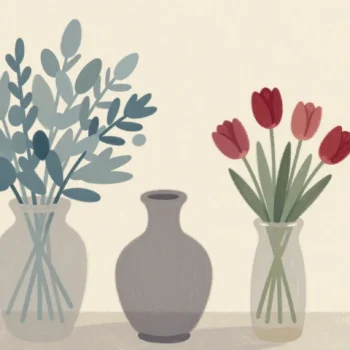 Gouache painting of three vases in a row, the slimmest holding vermilion tulips