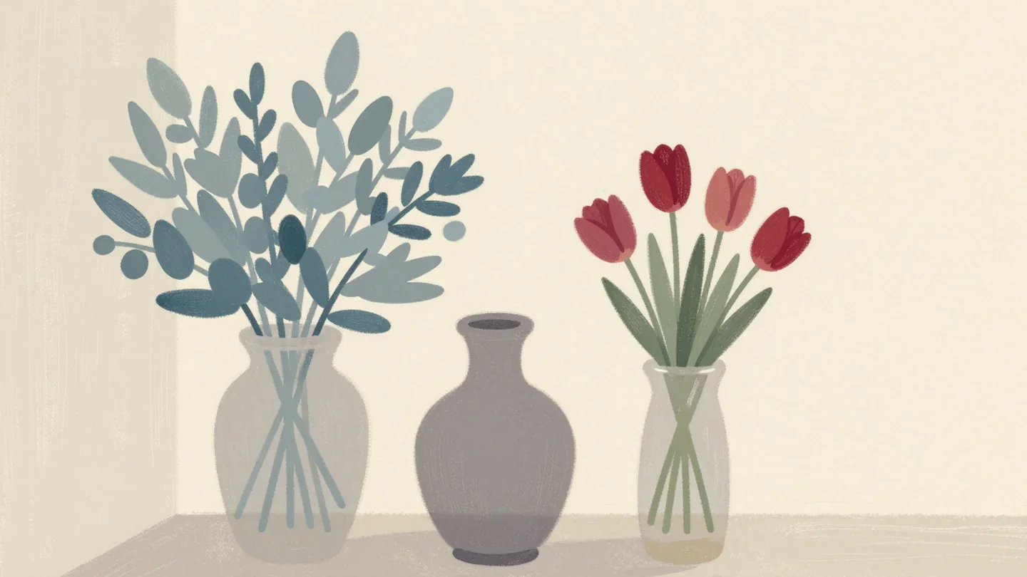 Gouache painting of three vases in a row, the slimmest holding vermilion tulips