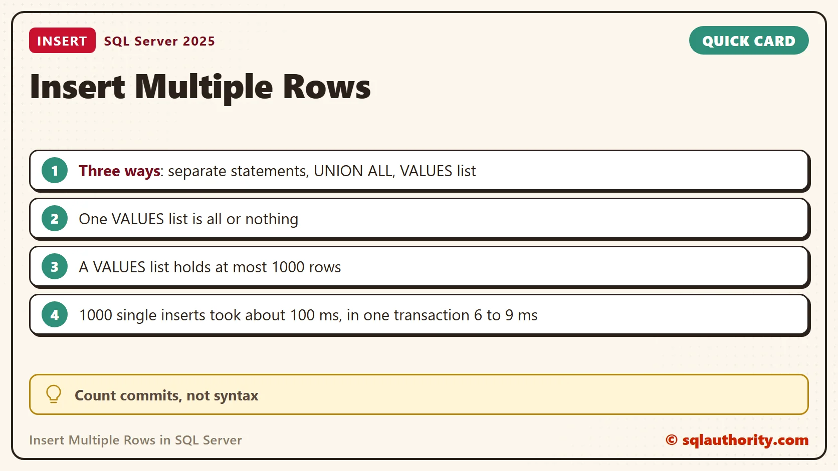 Quick reference card: Insert Multiple Rows in SQL Server: SQL in Sixty Seconds #024
