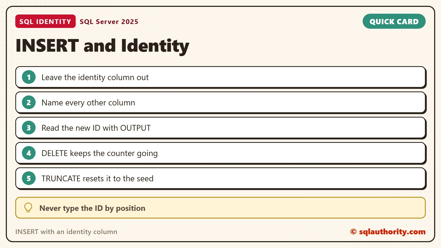Quick reference card: INSERT with an identity column