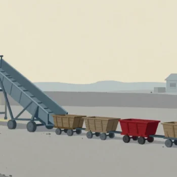Gouache painting of a line of small wooden carts waiting at a narrow hopper, the first one vermilion