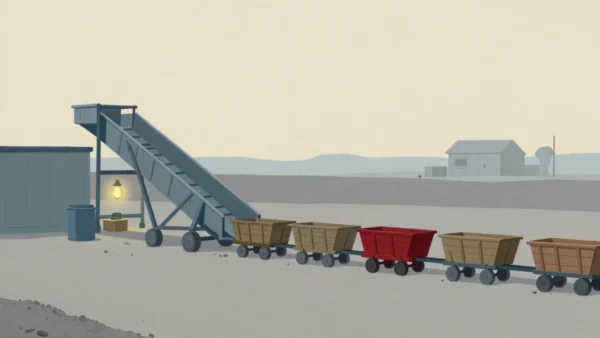Gouache painting of a line of small wooden carts waiting at a narrow hopper, the first one vermilion
