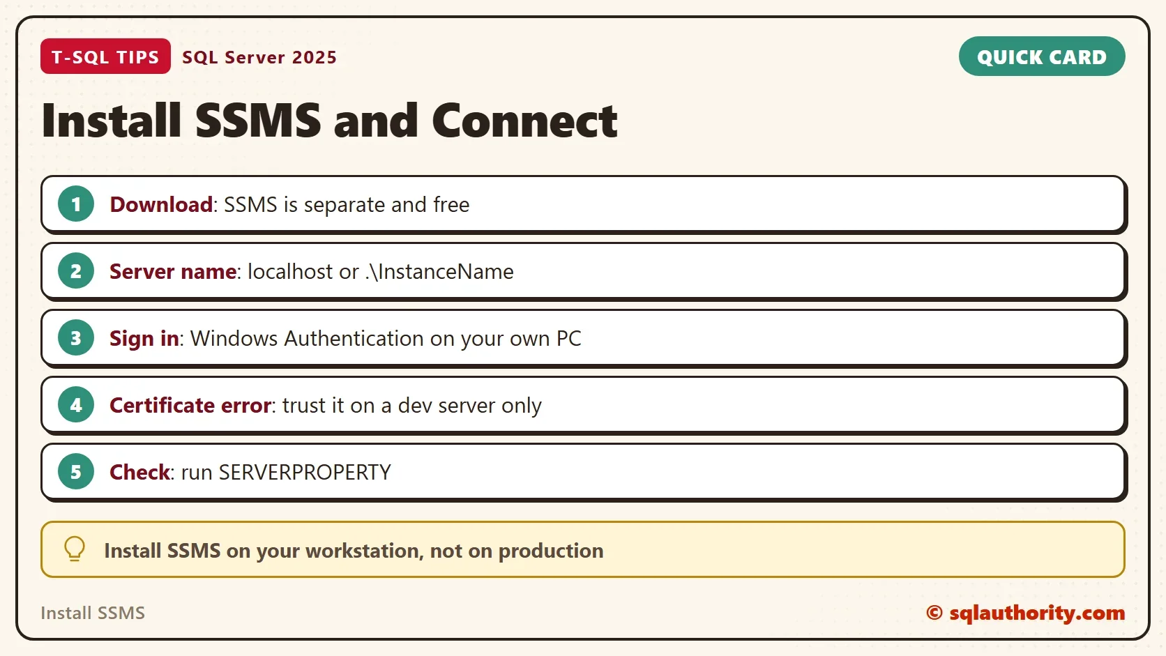 Quick card titled Install SSMS and Connect: Download: SSMS is separate and free; Server name: localhost or .\InstanceName; Sign in: Windows Authentication on your own PC; Certificate error: trust it on a dev server only; Check: run SERVERPROPERTY. Tip: Install SSMS on your workstation, not on production