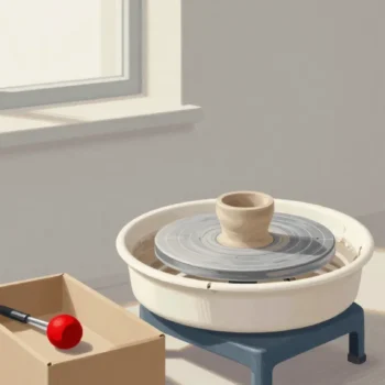 Gouache painting of a potter's wheel with its tools delivered separately in a box and a red tool roll