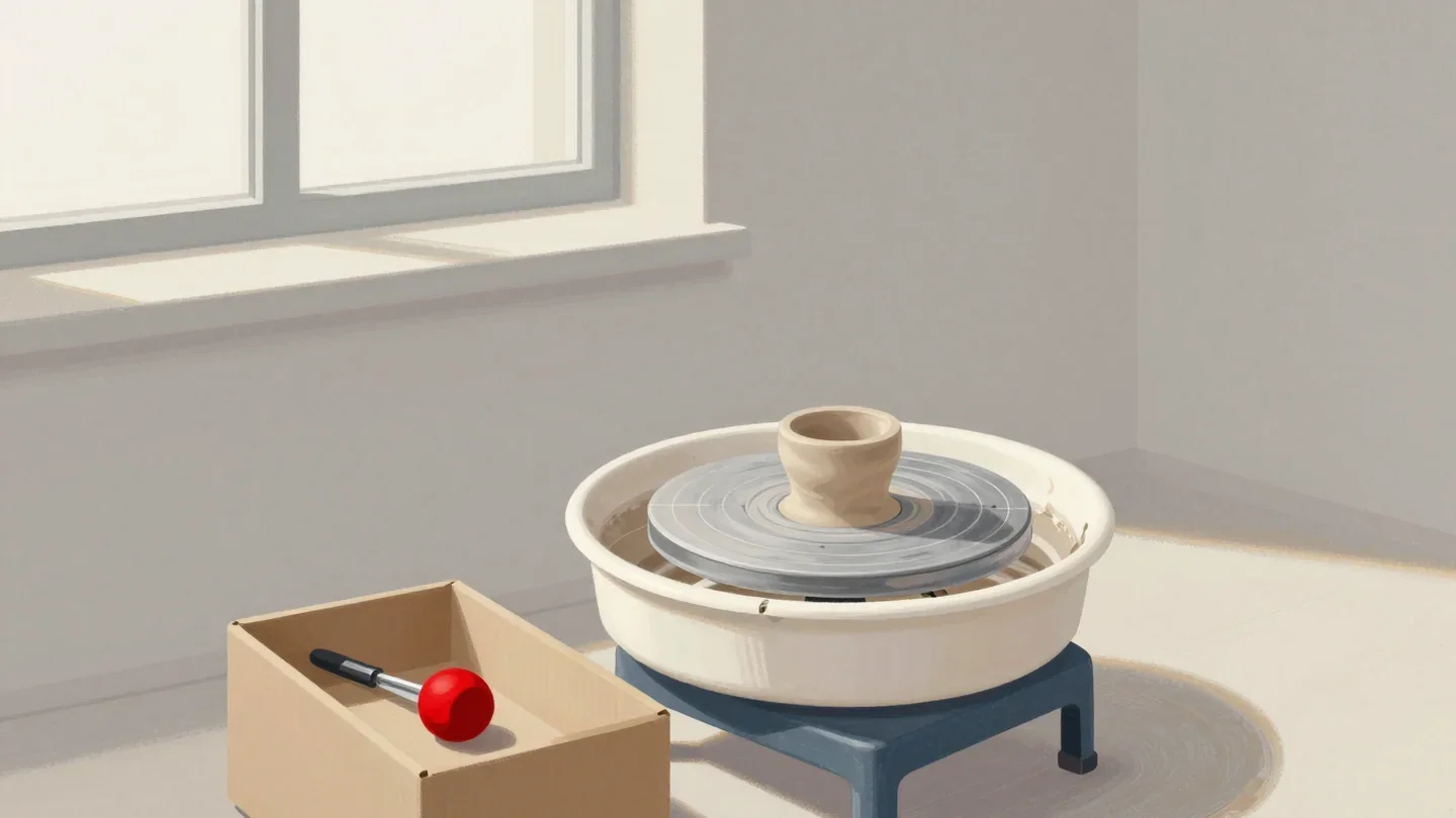 Gouache painting of a potter's wheel with its tools delivered separately in a box and a red tool roll