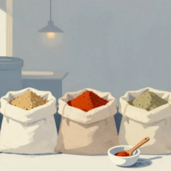 Gouache painting of open sacks of spices on a market stall with a sample bowl and spoon, one sack painted red