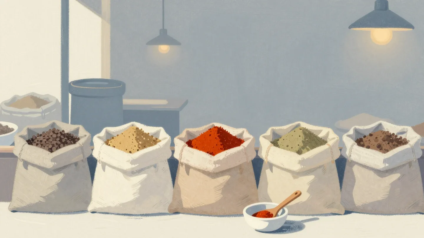 Gouache painting of open sacks of spices on a market stall with a sample bowl and spoon, one sack painted red