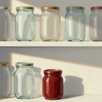 Gouache painting of a tightly packed shelf of jars above a shelf with spaced jars and one vermilion jar