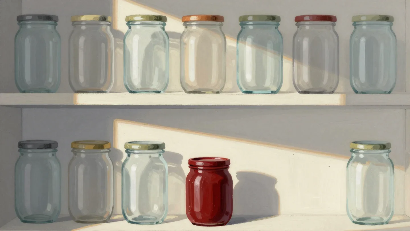 Gouache painting of a tightly packed shelf of jars above a shelf with spaced jars and one vermilion jar