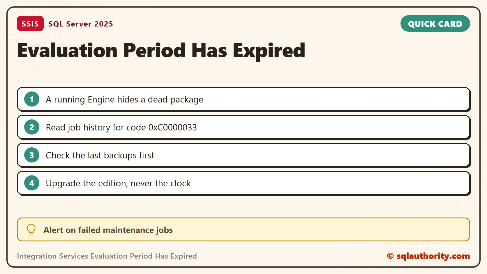 Quick reference card: Integration Services Evaluation Period Has Expired: Maintenance Plan Fails