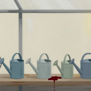 Gouache painting of a row of watering cans on a bench with one leaking vermilion can