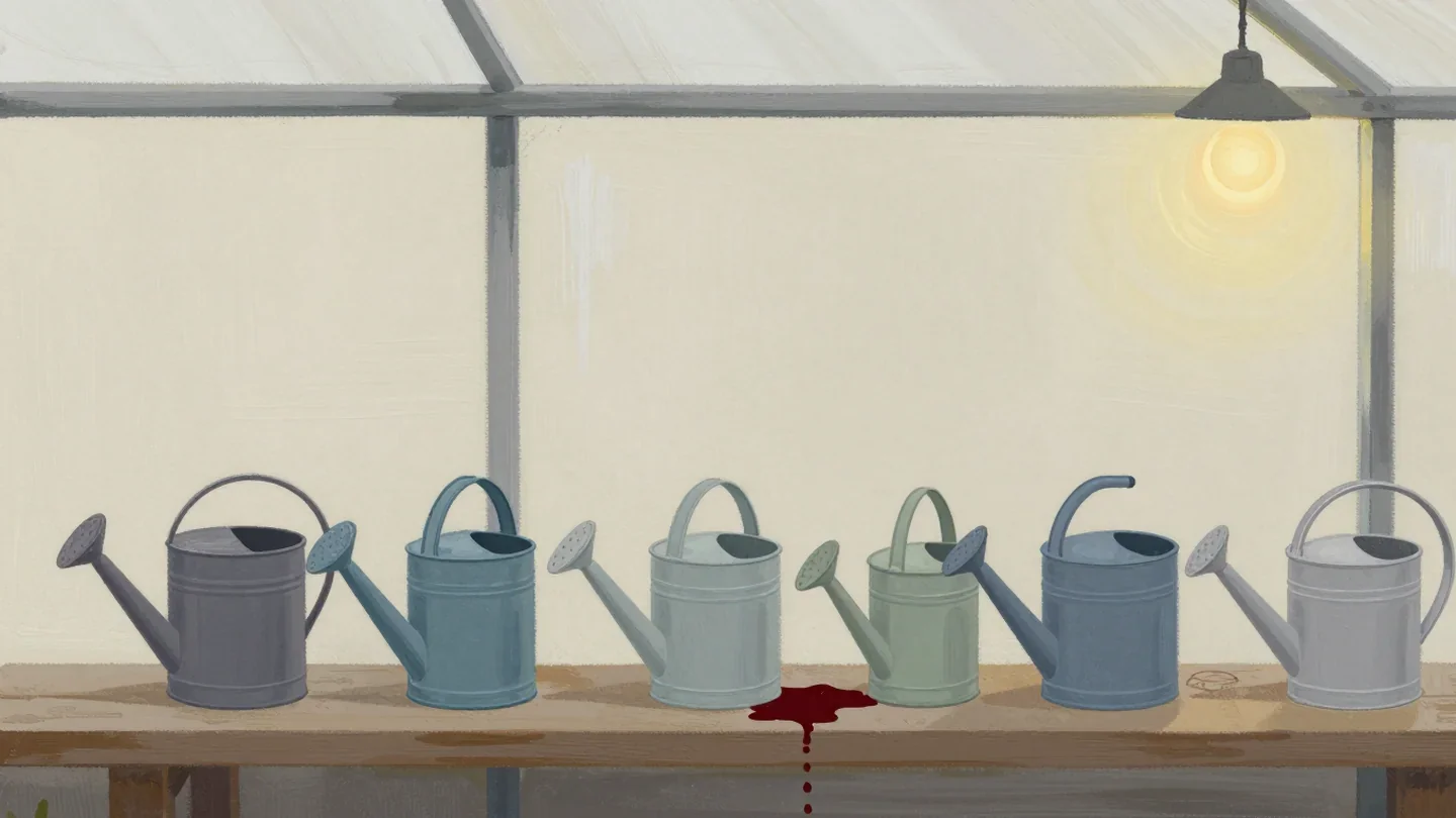 Gouache painting of a row of watering cans on a bench with one leaking vermilion can
